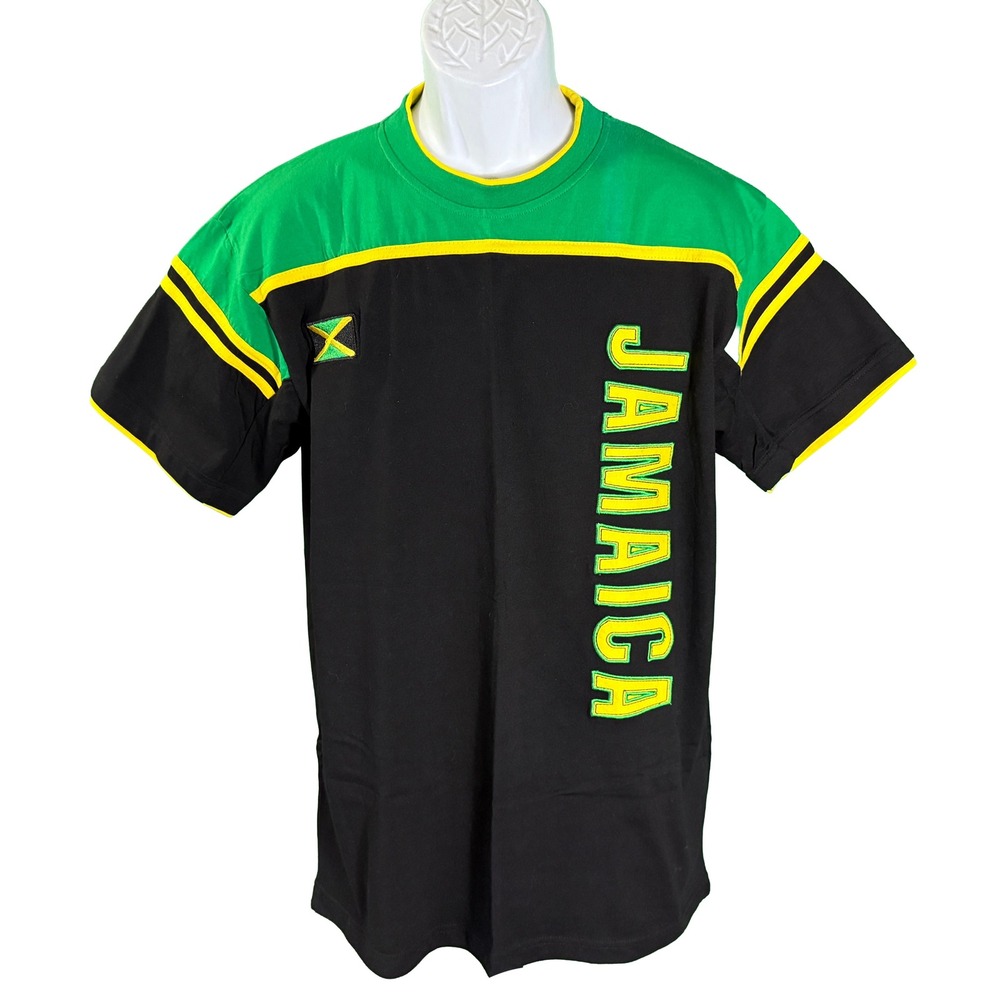 LMS T-Shirt Womens XL Black Green Jamaica Flag Embroidered Colorblock Tee